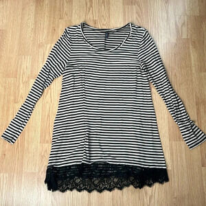 Massini Black and Cream Striped Tunic with Lace Detail | Lace | Stripes